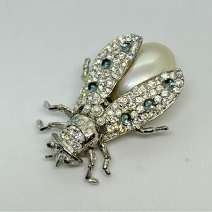 Vintage PCI Large Silver Tone Rhinestone Faux Sapphire Pearl Bumblebee Brooch